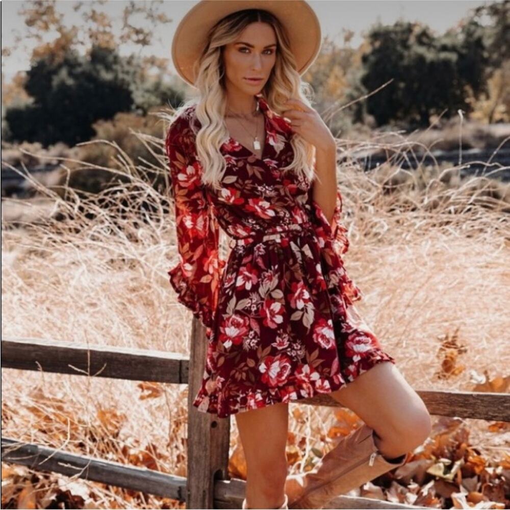 Vici What A Feeling Bell Sleeve Floral wrap Dress v-neck festival Bohemian